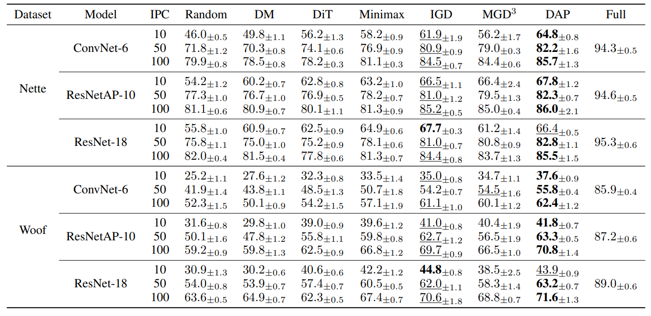 Table 3 from the paper showing results on ImageNette and ImageWoof.